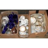 3 BOXES OF VARIOUS TEA WARE, EP TEAPOT, TANKARD, CAMERA, SONA VERONA ORNAMENTS ETC