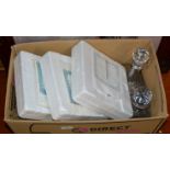 BOX WITH VARIOUS CUT CRYSTAL WARE, DISPLAY PLATES & 2 DECANTERS WITH STOPPERS