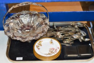 TRAY WITH DECORATIVE EP BASKET, ROYAL WORCESTER SAUCERS, GLASS SLIDES & ASSORTED CUTLERY INCLUDING