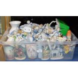 BOX WITH LARGE QUANTITY OF CONTINENTAL PORCELAIN FIGURINE ORNAMENTS, AYNSLEY VASE, GOEBEL BIRD ETC