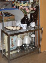 MODERN GLASS CONSOLE TABLE, MODERN PICTURE, 3 VARIOUS LAMPS, VARIOUS DECORATIVE VASES, CLOCKS ETC