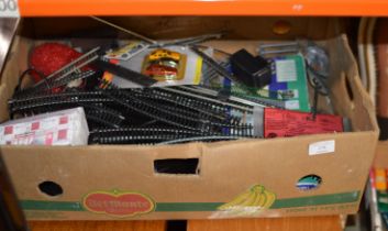 BOX WITH MODEL RAILWAY TRACK, TOY VEHICLES ETC