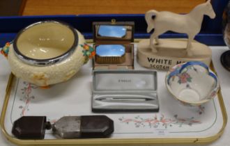 TRAY WITH ADVERTISING HORSE DISPLAY, CLARICE CLIFF BOWL, ENAMEL STYLE BRUSH SET, HIP FLASK, PARKER