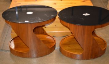 PAIR OF TEAK FINISHED RETRO STYLE OCCASIONAL TABLES