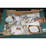 BOX WITH GENERAL CERAMICS, FIGURINE ORNAMENTS, VARIOUS TEA WARE ETC