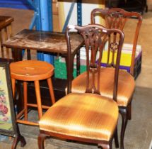 PAIR OF MAHOGANY PADDED CHAIRS, OCCASIONAL TABLE & WOODEN STOOL