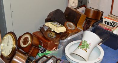 5 BOXES CONTAINING VARIOUS MANTLE CLOCKS & CLOCK PARTS, LP & SINGLE RECORDS, COSTUME WRIST WATCHES