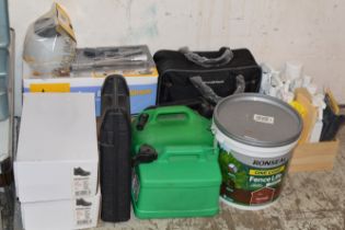 VARIOUS CAR CARE ACCESSORIES, FENCE PAINT, BOOTS, FUEL CANS ETC