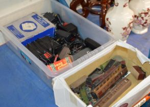 2 BOXES WITH ASSORTED MODEL RAILWAY ACCESSORIES, TRANSFORMERS, CARRIAGES ETC