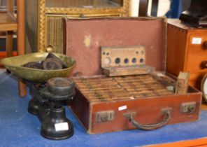 SET OF VINTAGE SCALES WITH WEIGHTS & LEATHER CASE WITH VARIOUS VOLUMES OF SHAKESPEARE BOOKS