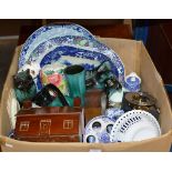 BOX WITH GENERAL CERAMICS, BLUE & WHITE DISHES, BLUE MOUNTAIN POTTERY WARE, ASSORTED COINAGE ETC