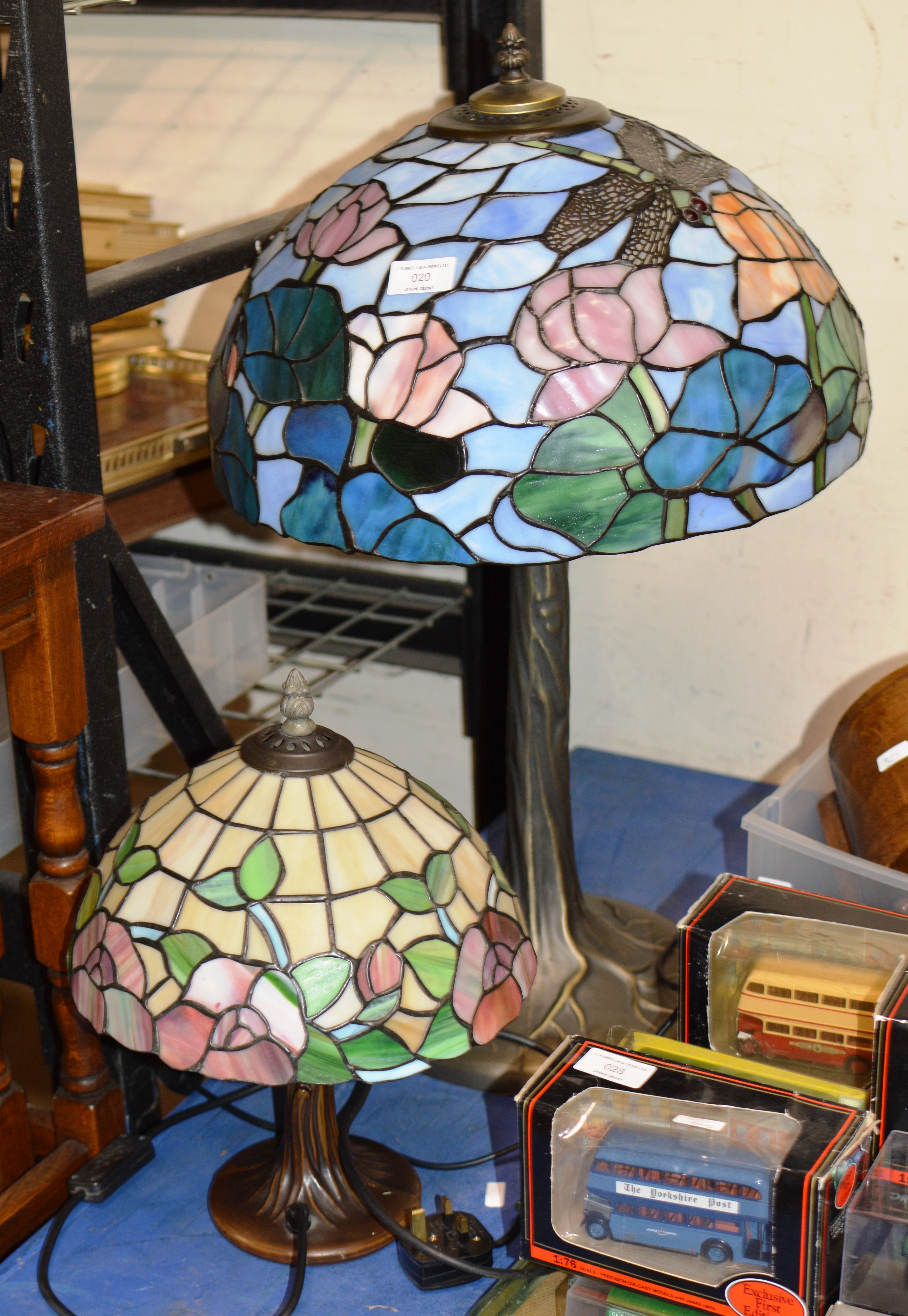 DECORATIVE ART NOUVEAU STYLE TABLE LAMP WITH SHADE & SMALLER SIMILAR LAMP