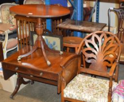 MAHOGANY OCCASIONAL TABLE, MAHOGANY DROP LEAF SOFA TABLE & PADDED CHAIR