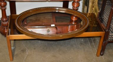 TEAK GLASS TOP COFFEE TABLE & MAHOGANY FRAMED WALL MIRROR