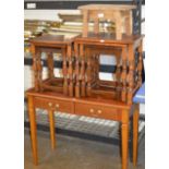 MAHOGANY FINISHED 2 DRAWER TABLE, 2 NESTS OF OAK TABLES & SMALL OAK STOOL