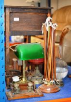 OAK STAINED FALL FRONT UNIT, DESK LAMP, PARAFFIN LAMP, DESK STAND, BINOCULARS, WOODEN BOX ETC