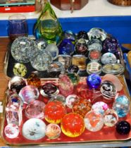 2 TRAYS WITH VARIOUS GLASS PAPERWEIGHTS & GLASS WARE