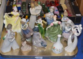 TRAY WITH VARIOUS FIGURINE ORNAMENTS, ROYAL DOULTON, LLADRO ETC