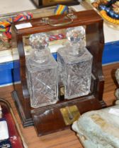 MAHOGANY 2 DIVISION TANTALUS WITH PAIR OF DECANTERS