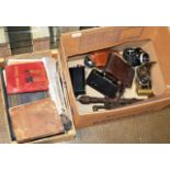 2 BOXES WITH VINTAGE BRASS HOUGHTON BUTCHER NUMBER 6 CAMERA & OTHER CAMERAS, OLD DRILL, BOOKS ETC
