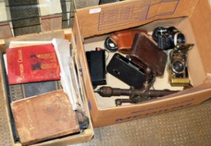 2 BOXES WITH VINTAGE BRASS HOUGHTON BUTCHER NUMBER 6 CAMERA & OTHER CAMERAS, OLD DRILL, BOOKS ETC