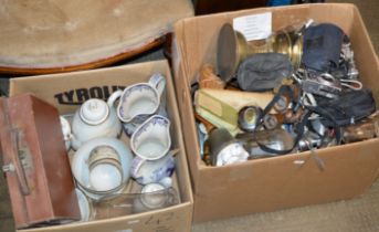 2 BOXES WITH VARIOUS ORNAMENTS, TEA WARE, CAMERAS, MIXED CERAMICS, PARAFFIN LAMP & GENERAL BRIC-A-