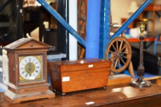 ORNAMENTAL WAGON WHEEL, WOODEN CANDLE STICK, MAHOGANY TEA CADDY & MAHOGANY CASED CLOCK