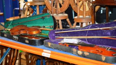 3 VARIOUS VIOLINS WITH VARIOUS BOWS & 2 CASES