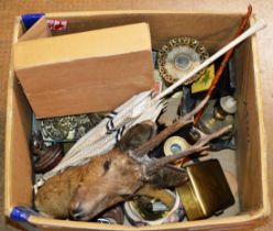 BOX WITH DEERS HEAD, BRASS WARE, HORSE BRASSES, TABLE BELLS, PARASOL ETC