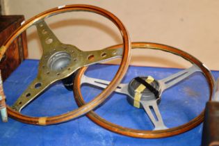 2 VINTAGE WOODEN FRAMED STEERING WHEELS