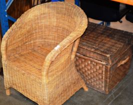 WICKER TUB CHAIR & LARGE WICKER HAMPER