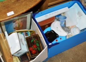 2 BOXES WITH GENERAL CERAMICS, NOVELTY ORNAMENTS, WHISKY JUG, BINOCULARS ETC