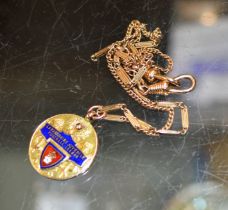 9 CARAT GOLD & ENAMEL FOOTBALL MEDAL & CHAIN - APPROXIMATE WEIGHT = 15.5 GRAMS