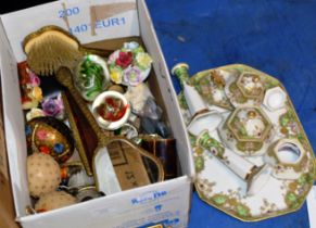 BOX WITH NORITAKE DRESSING TABLE SET, GLASS WARE, FLORAL POSIES ETC