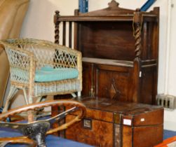 OAK MINIATURE CABINET, MINIATURE WICKER CHAIR & WALNUT LAP DESK