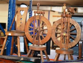 SPINNING CHAIR & 2 WOODEN SPINNING WHEELS