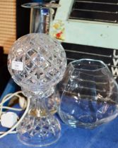 CRYSTAL LAMP & 2 GLASS VASES