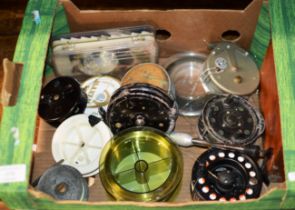 BOX WITH VARIOUS FISHING REELS