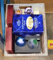 BOX WITH GLASS PAPER WEIGHTS, ASSORTED ORNAMENTS ETC