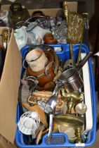 2 BOXES WITH BRASS WARE, VARIOUS ORNAMENTS & GENERAL BRIC-A-BRAC