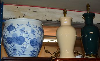 LARGE MODERN CHINESE PLANTER & 2 LAMPS