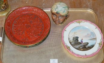 TRAY WITH CHINESE CINNABAR STYLE DISH, NOVELTY LIDDED JAR, PAIR OF VICTORIAN HAND PAINTED WALL