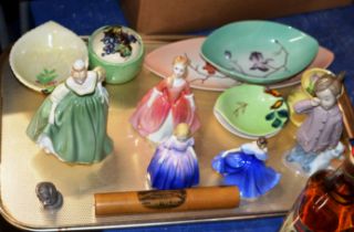 TRAY WITH MIXED CERAMICS, ROYAL DOULTON FIGURINES, CARLTON DISHES, MAUCHLINE WARE CASE ETC