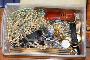 BOX WITH ASSORTED COSTUME JEWELLERY, VINTAGE WRIST WATCHES ETC