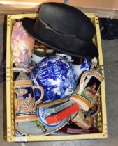 BOX WITH MIXED CERAMICS, ASSORTED BEER MUGS, EP WARE, BLUE & WHITE VASE ETC