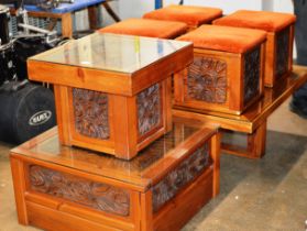 GRADUATED SET OF 3 CARVED WOODEN SOUTH AFRICAN TABLES WITH GLASS PRESERVES & 4 MATCHING STOOLS