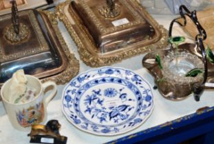 BLUE & WHITE DISH WITH MEISSEN MARK, ART NOUVEAU STYLE GLASS JAR ON STAND, ROYALTY CUP, SMALL LION