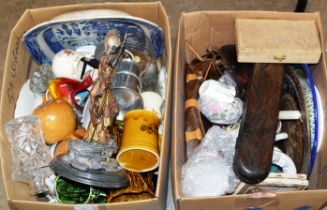 2 BOXES WITH MIXED CERAMICS, VARIOUS ORNAMENTS, ASSORTED TEA WARE, LARGE BLUE & WHITE PLATTER,