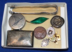 EASTERN SILVER COMPACT, STERLING SILVER CIGARETTE BOX, 2 SILVER FOB MEDALS, PAIR OF SILVER PAW SUGAR