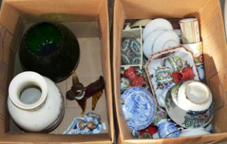 2 BOXES WITH MODERN CHINESE FAMILLE ROSE TEA WARE, MIXED CERAMICS, VARIOUS VASES, ROYALTY WARE,